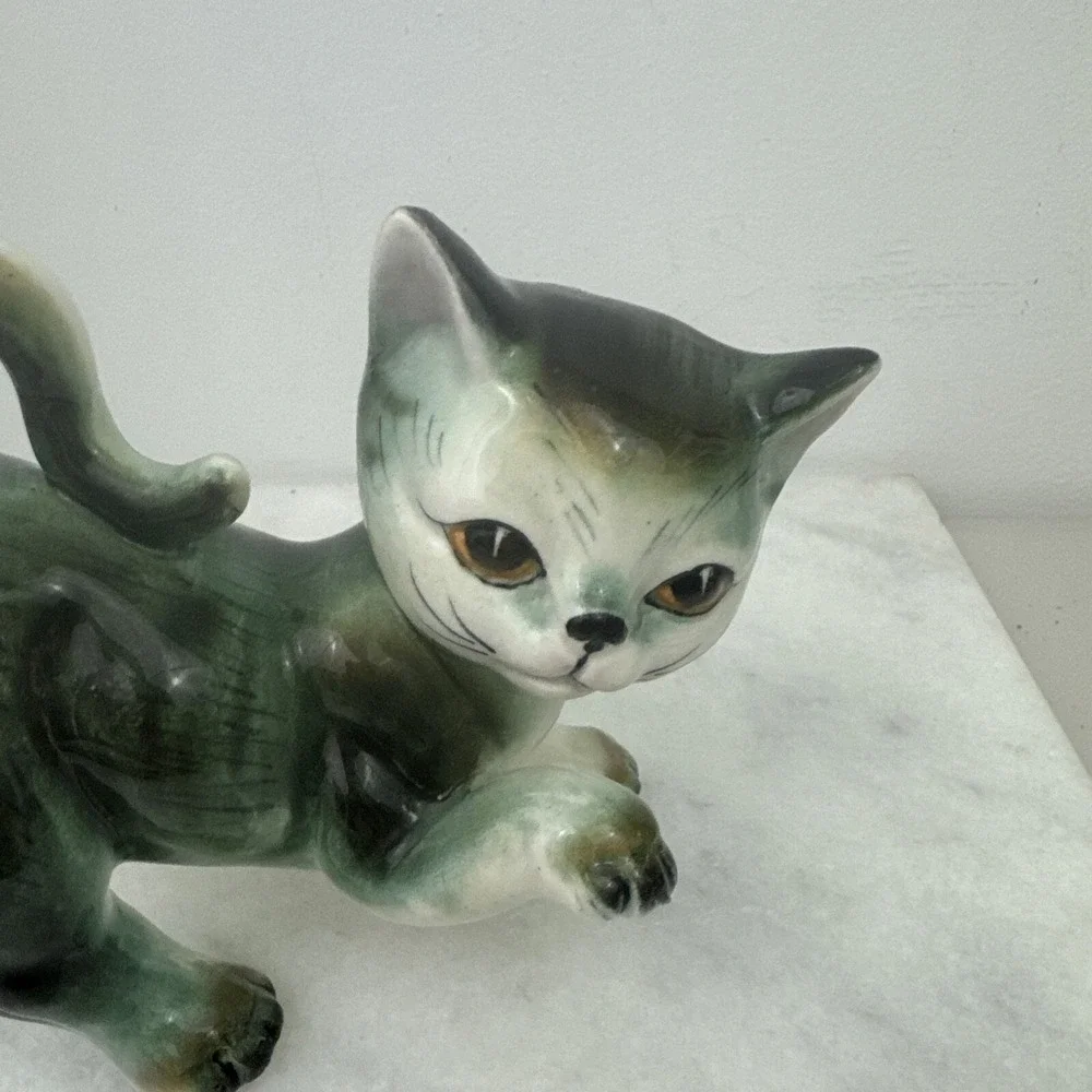 Vintage Kitty Cat W/Pink & Black Eyes Hand Painted Ceramic Figurine Adorable